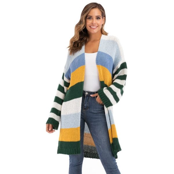 WOMEN S Winter Coat Warm Cross Border Casual Long Joint Contrast Color Striped Oversize Knitted Sweater Cardigan Patched Outwear on Sale