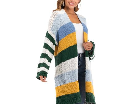 WOMEN S Winter Coat Warm Cross Border Casual Long Joint Contrast Color Striped Oversize Knitted Sweater Cardigan Patched Outwear on Sale